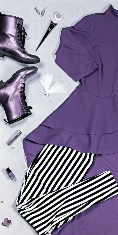 Barbie inspired fashion, purple hi low top, black and white striped pants, purple combat boots