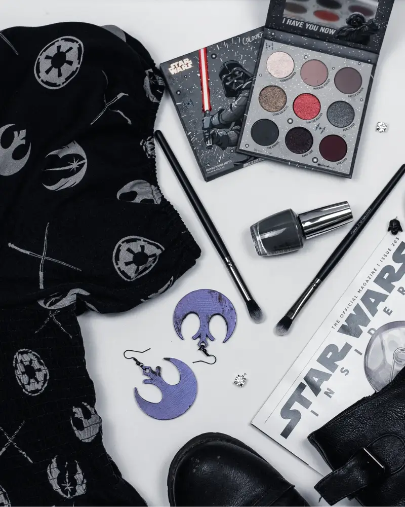 Closet Geek, Everyday Cosplay from your closet, with a Star Wars dress, black combat books, and star wars rebel earrings