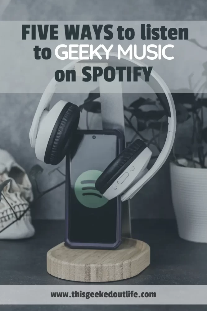 white headphones, cell phone with Spotify logo, skull, ivy plant, five ways to listen to geeky music on Spotify