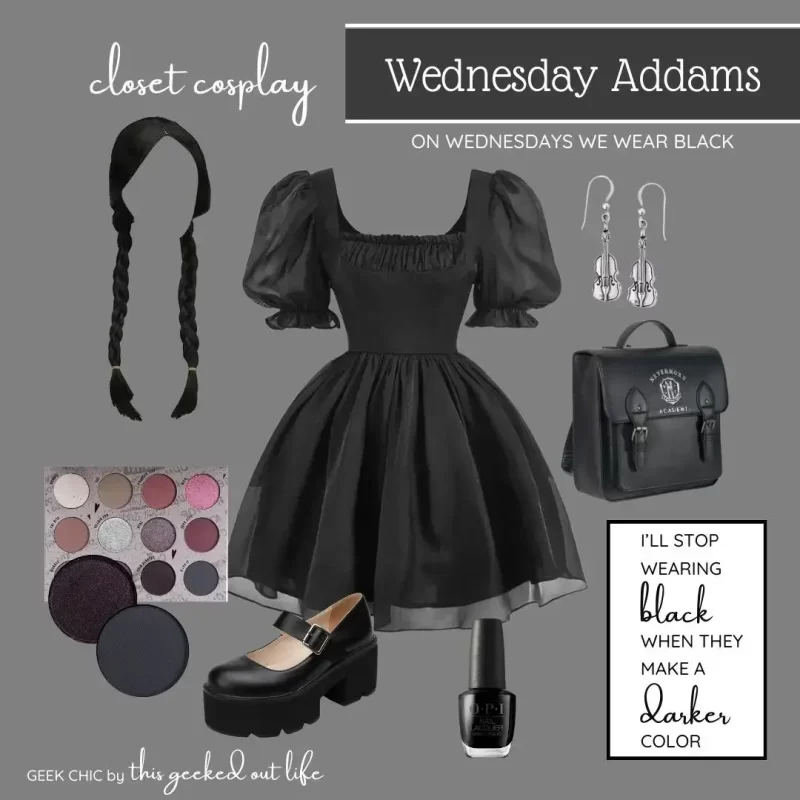 Wednesday Addams Geeky Fashion Inspiration for Geek Chic Closet Cosplay look, items from Amazon