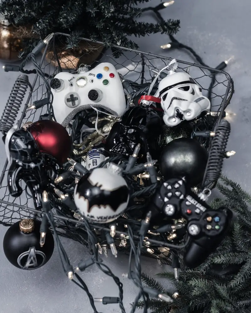 Geeky Holiday Decor, ornaments and bubs in a basket of christmas lights