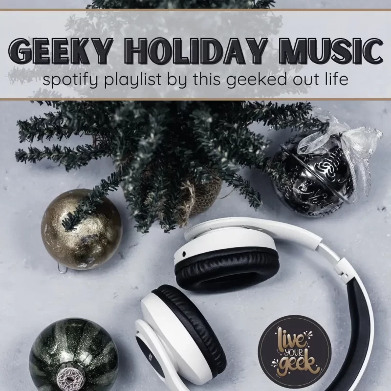 Geeky Holiday Music Spotify Playlist, Headphones, Christmas tree and ornaments